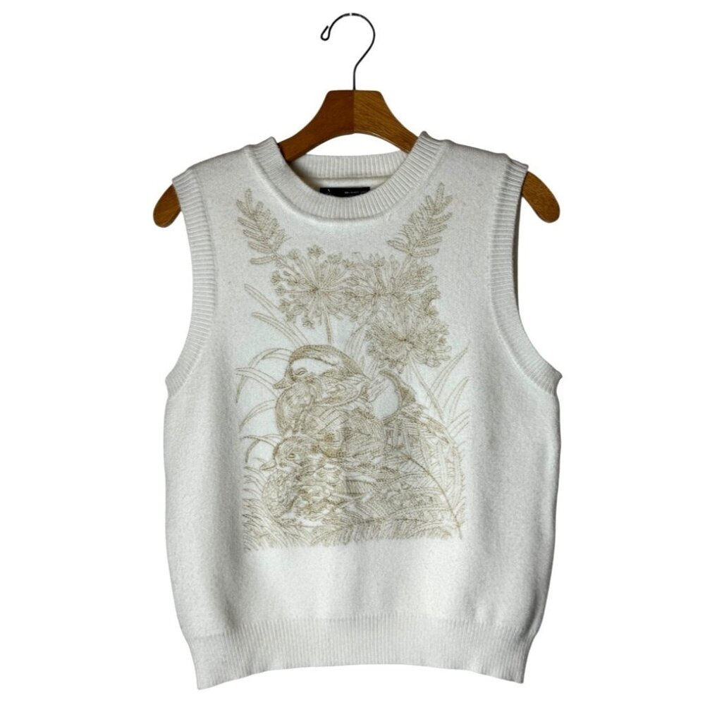 Anewsta Sweater Women Large White Gold Embroidered Floral Duck Knit Vest NWT - Picture 2 of 12